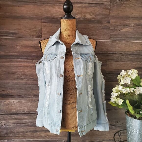 Point 5 Cold Shoulder Denim Jacket Light Wash Small - Picture 6 of 10